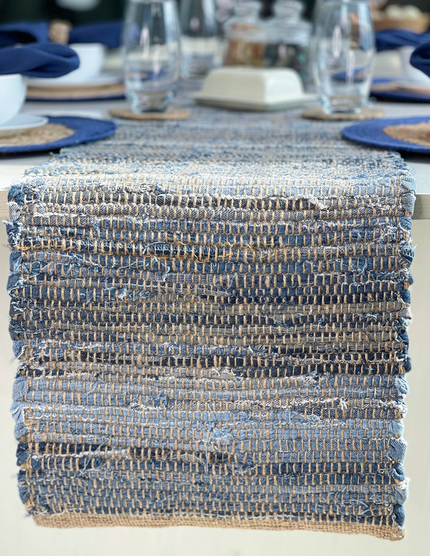 DENIM JUTE TABLE RUNNER, COASTAL TABLE LINEN, 14'' x 72''.
