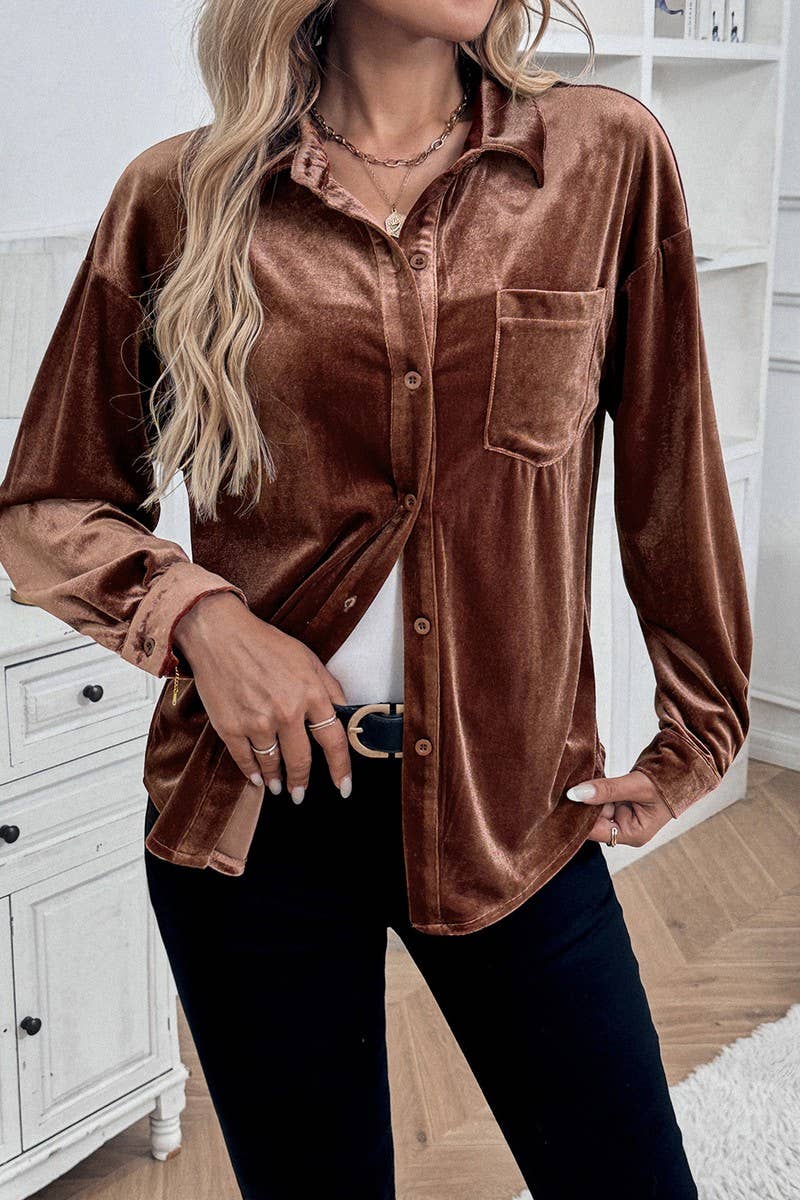 CWTBLL01423_VELVET LAPEL LANTERN SLEEVE MIDI SHIRT