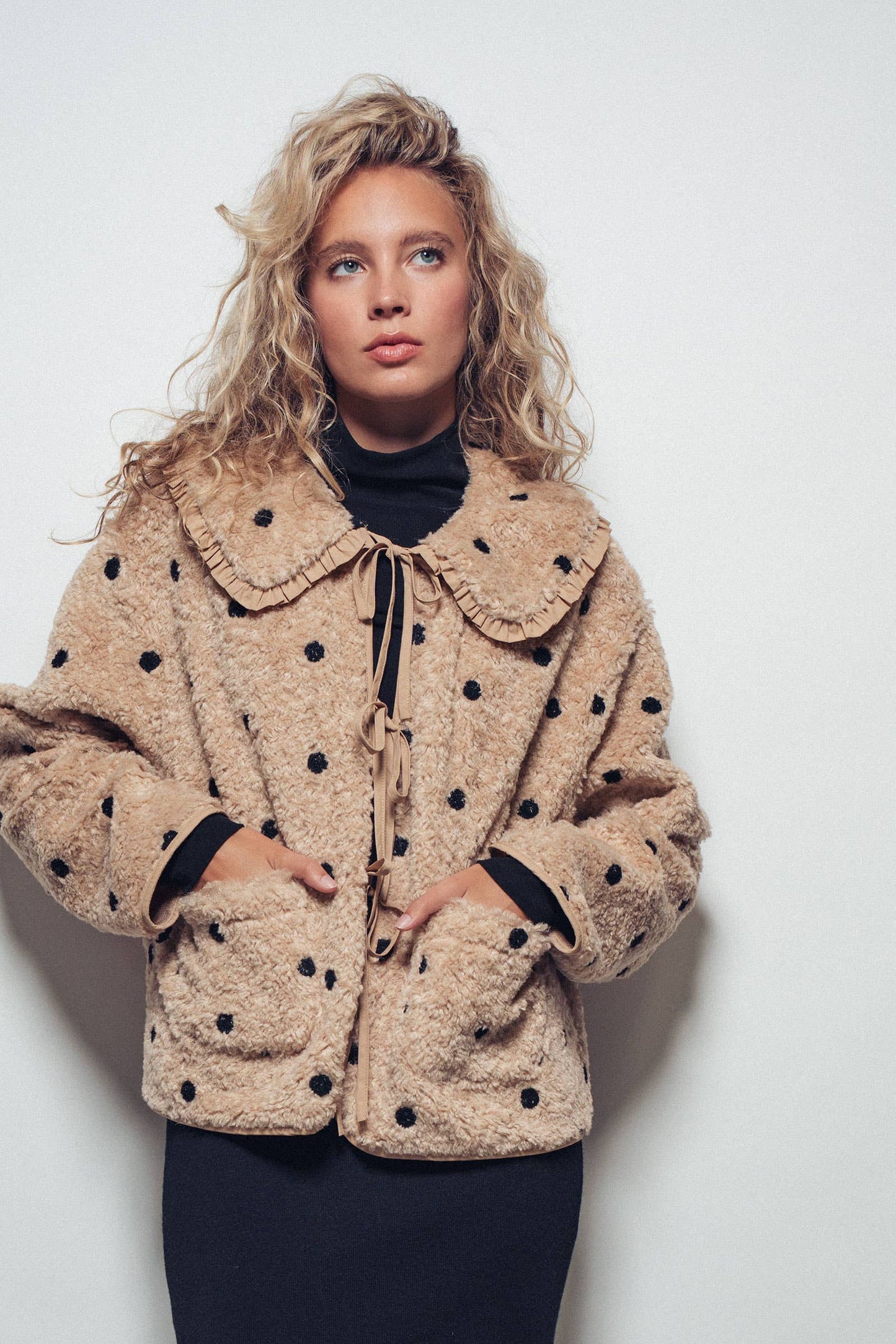 Ruffled Faux Shearling Dot Embroidered Jacket