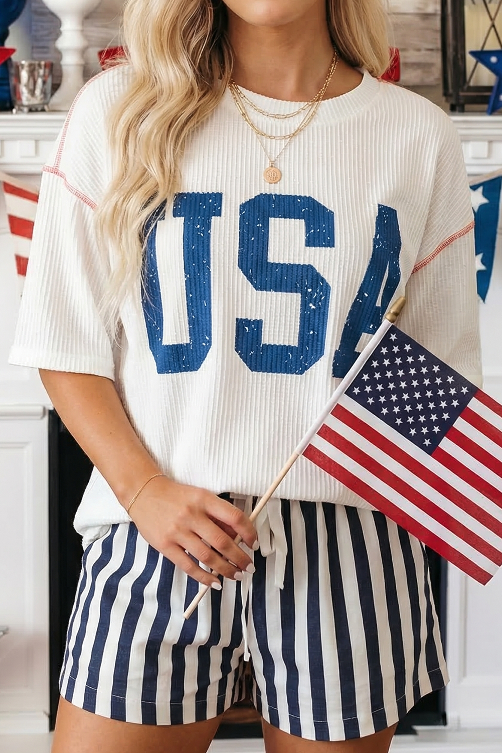 Plus Size USA Graphic Half Sleeve Loose Ribbed Top (S-4X)