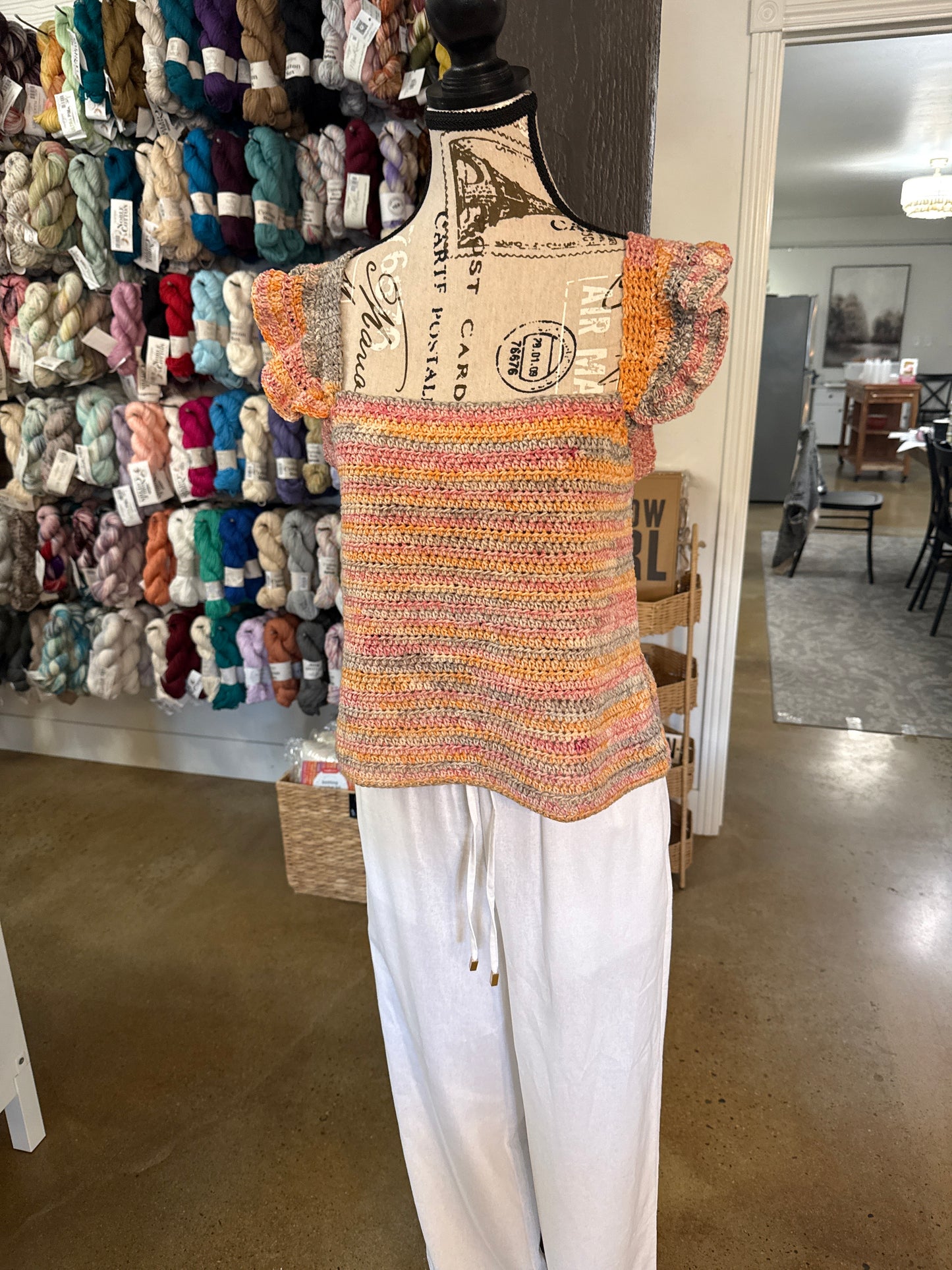EB Collection Ruffled Tank Top-Acrylic and Cotton-Size Large-Orange-PInk-Silver