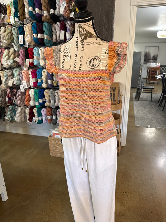 EB Collection Ruffled Tank Top-Acrylic and Cotton-Size Large-Orange-PInk-Silver