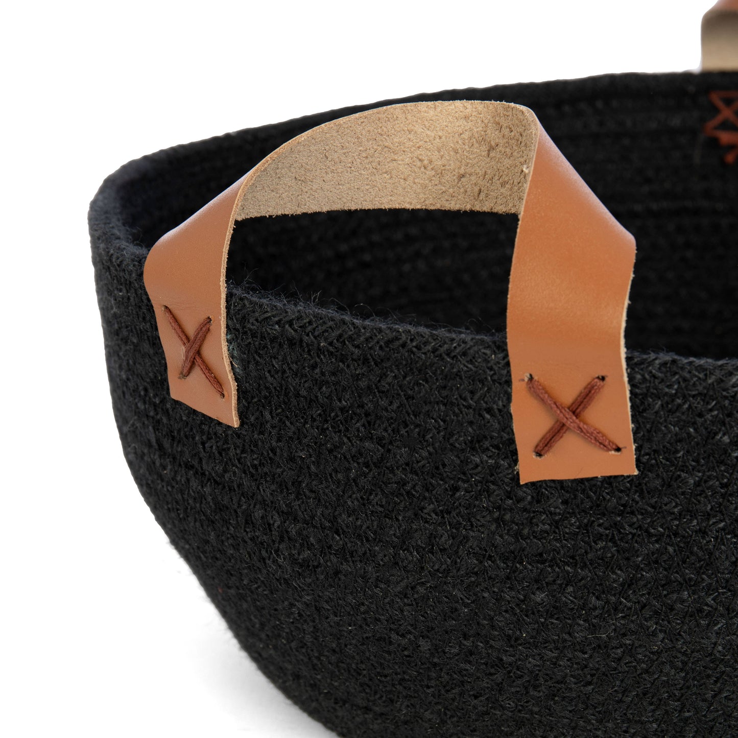 Round Jute Bowl- Black w/Leather Side Handles