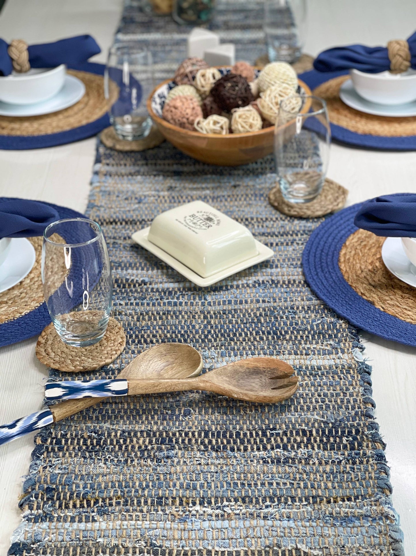 DENIM JUTE TABLE RUNNER, COASTAL TABLE LINEN, 14'' x 72''.