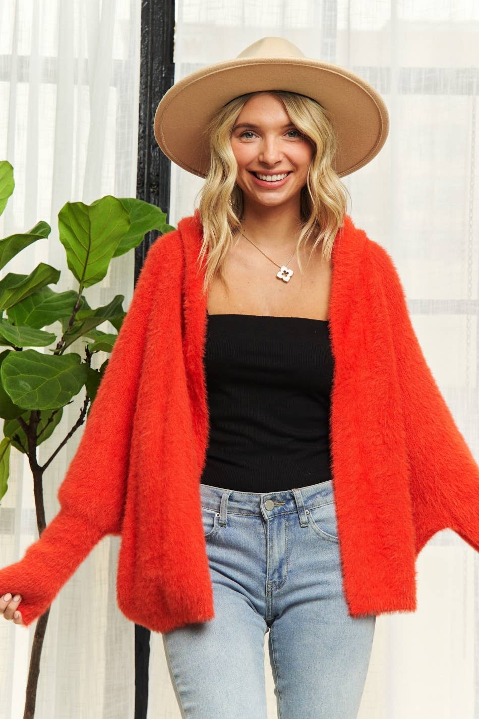 LESW3208-SOFT FUZZY HOODIE CARDIGAN