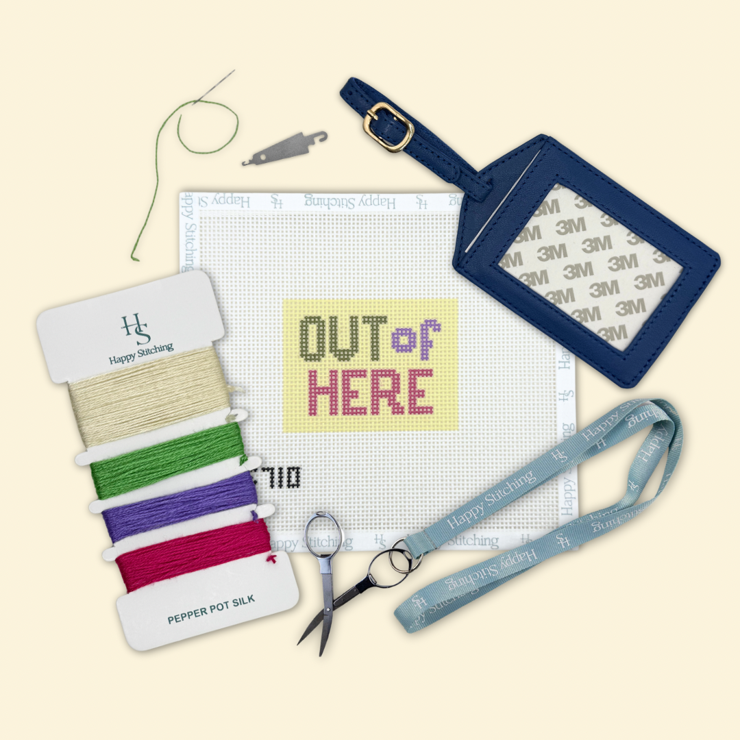 Out of Here Luggage Tag Kit - Happy Stitching All-in-One Self Finishing Needlepoint Kit