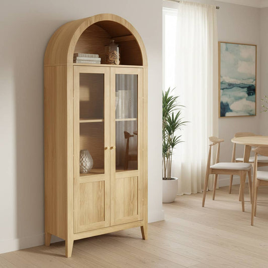 30" Natural Arched Accent Cabinet With Two Glass Panel Doors