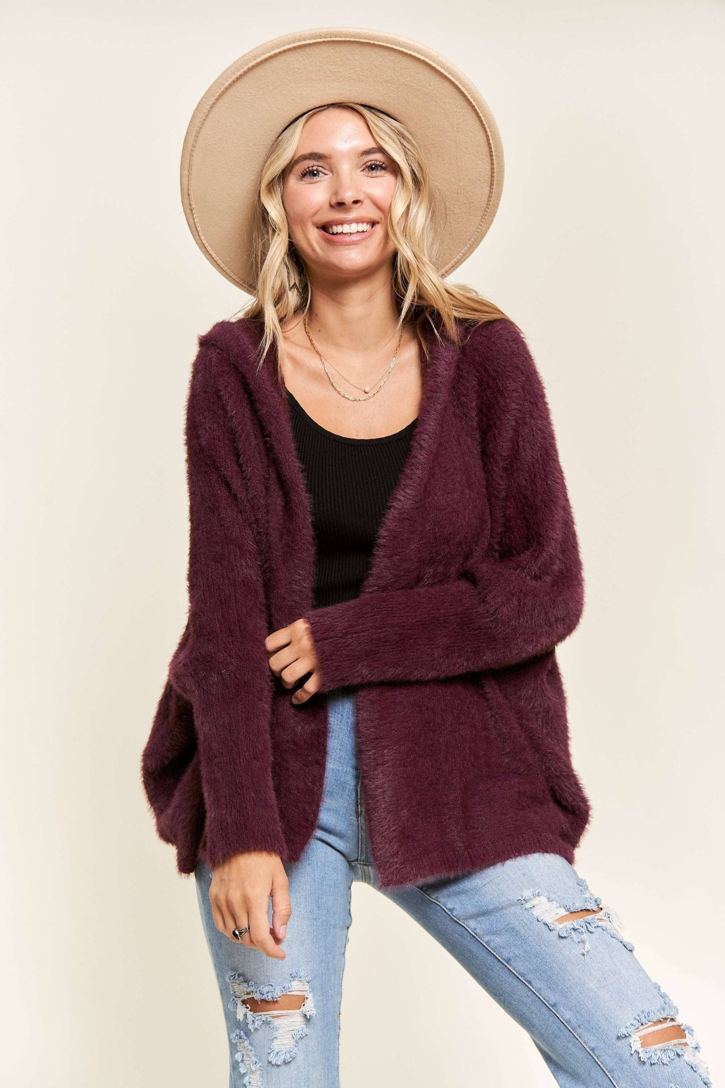 LESW3208-SOFT FUZZY HOODIE CARDIGAN