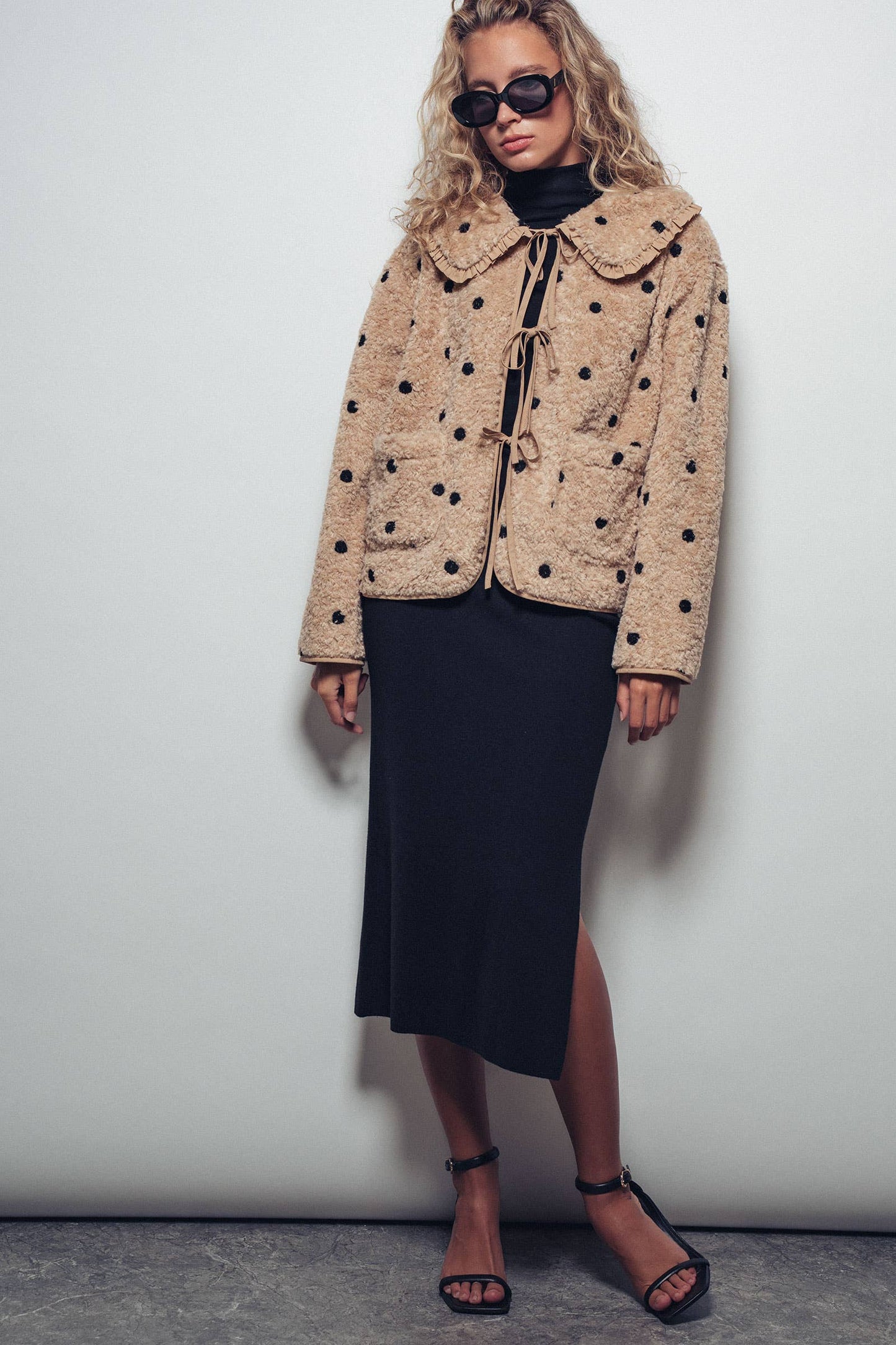 Ruffled Faux Shearling Dot Embroidered Jacket