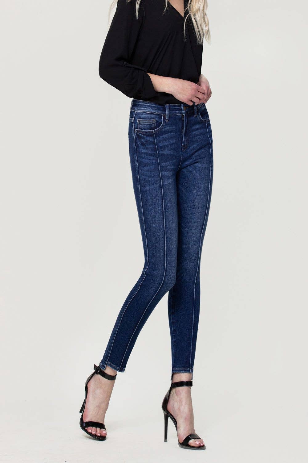 HIGH RISE STEP HEM PINTUCK ANKLE SKINNY JEANS F4388