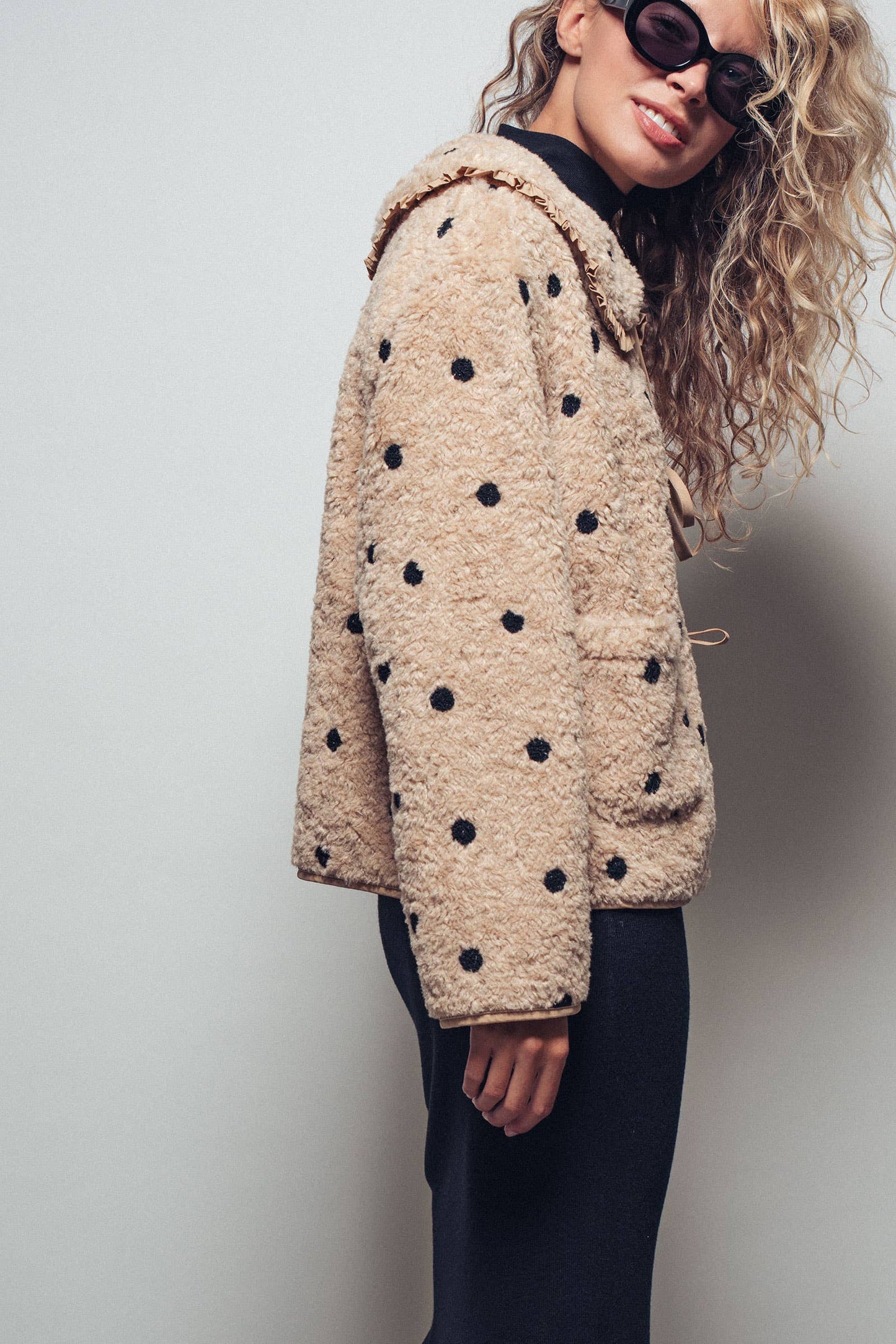 Ruffled Faux Shearling Dot Embroidered Jacket