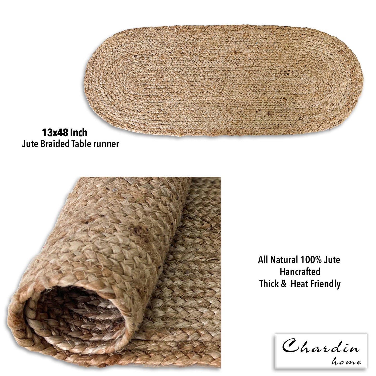 OVAL BRAIDED TABLE RUNNER, NATURAL JUTE, 13'' x 48''.