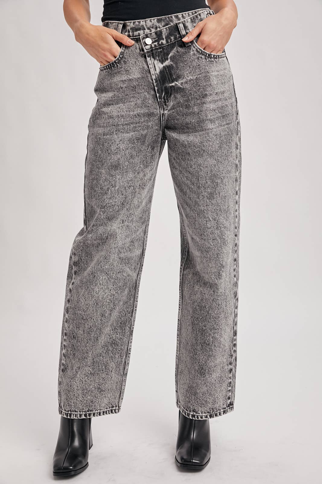 DEMIM HIGH RISE CROSSOVER BUTTON-FRONT WIDE LEG JEANS