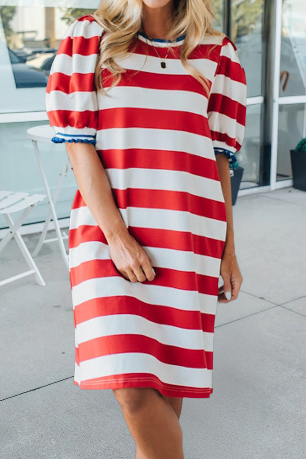 Stripe Round Neck Short Puff Sleeve Shift Dress (S-XL)