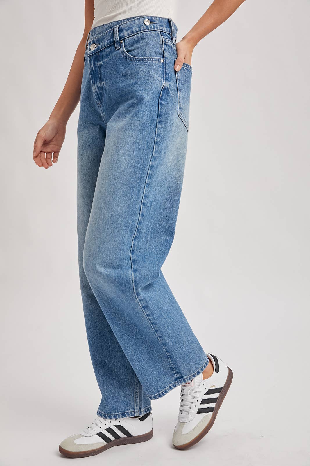 DEMIM HIGH RISE CROSSOVER BUTTON-FRONT WIDE LEG JEANS