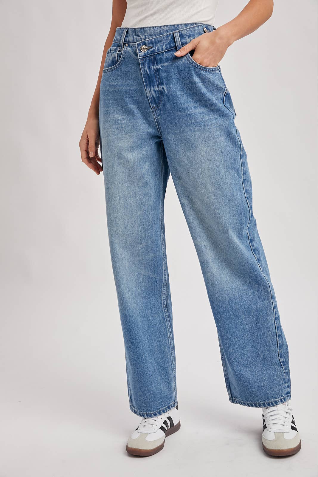 DEMIM HIGH RISE CROSSOVER BUTTON-FRONT WIDE LEG JEANS