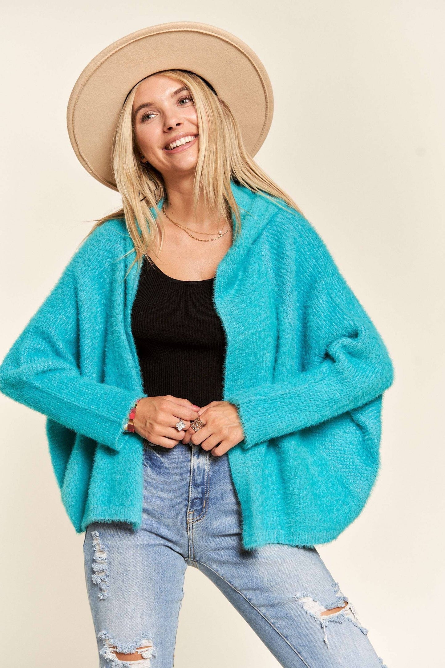 LESW3208-SOFT FUZZY HOODIE CARDIGAN