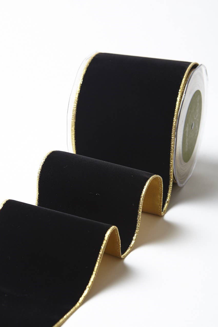 4" Black Velvet Reversible Gold Wired Ribbon