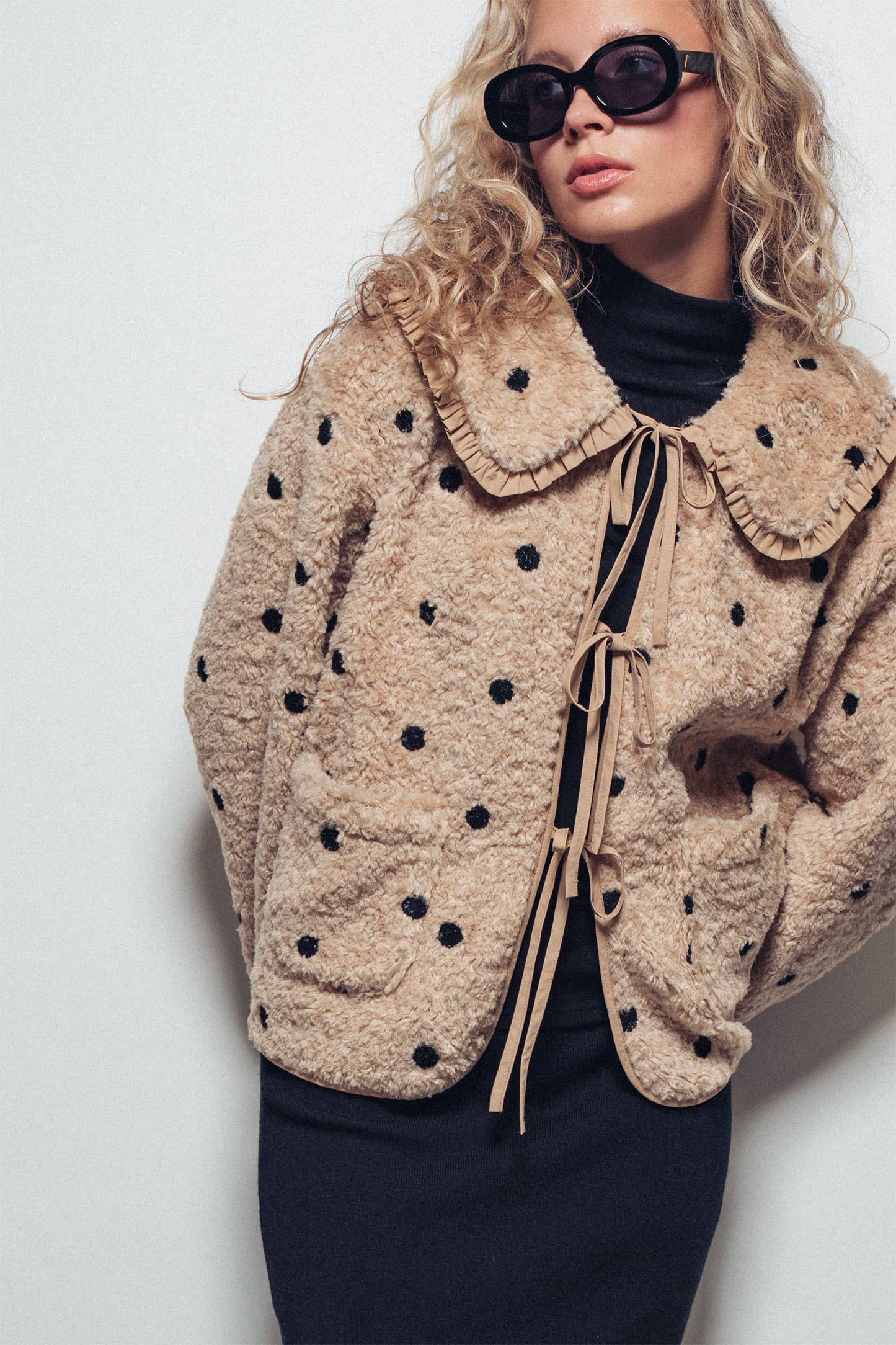 Ruffled Faux Shearling Dot Embroidered Jacket