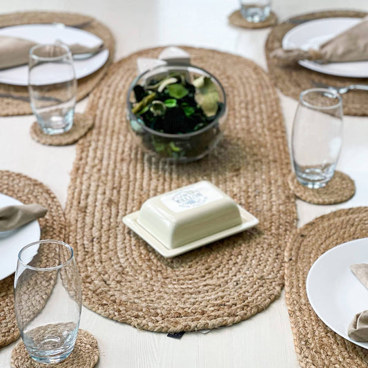 OVAL BRAIDED TABLE RUNNER, NATURAL JUTE, 13'' x 48''.