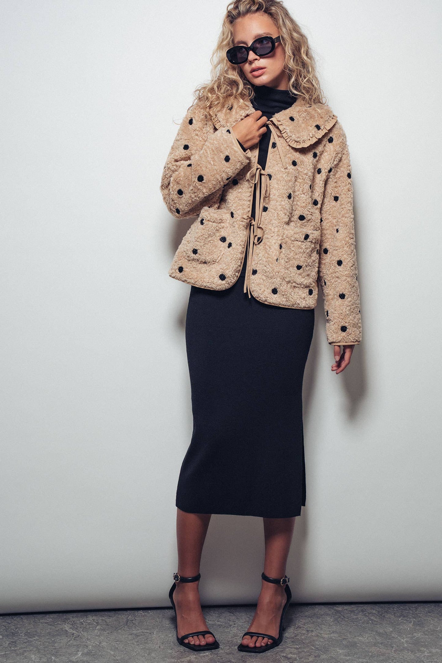 Ruffled Faux Shearling Dot Embroidered Jacket