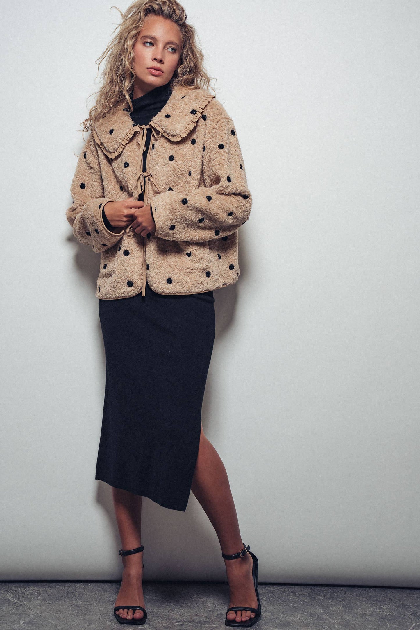 Ruffled Faux Shearling Dot Embroidered Jacket