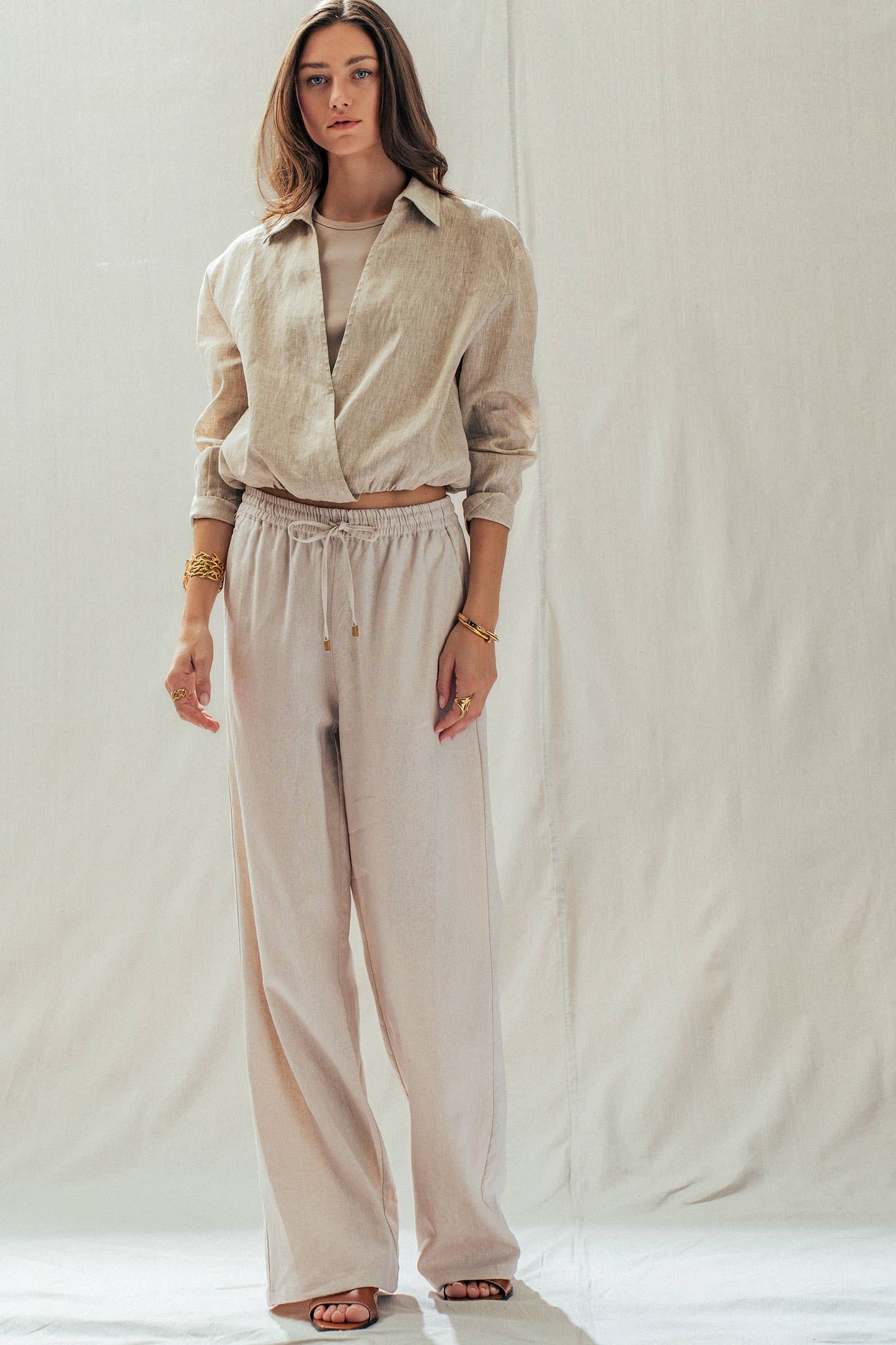 Linen Blend Wide Leg Pants Drawstring Waist