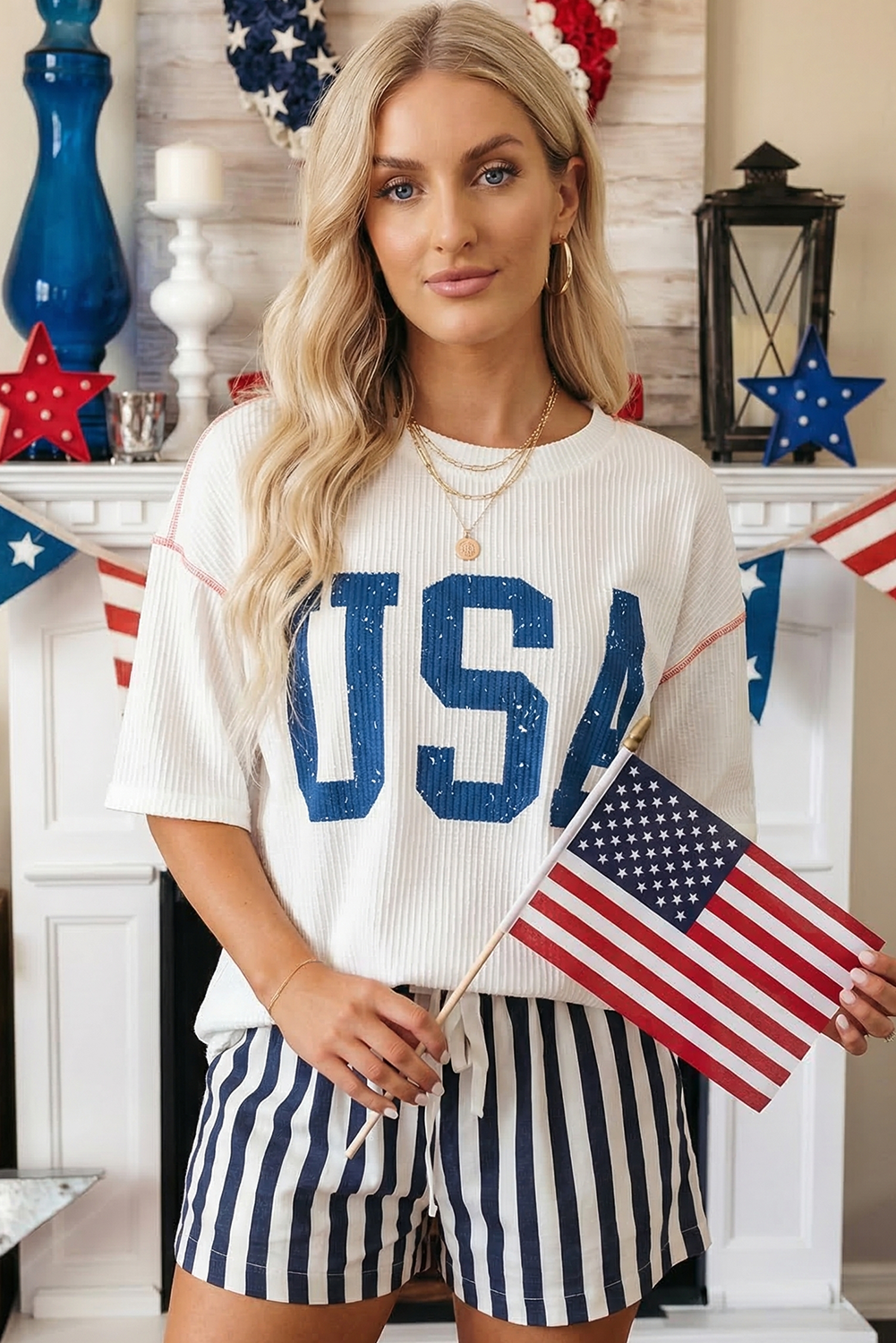 Plus Size USA Graphic Half Sleeve Loose Ribbed Top (S-4X)