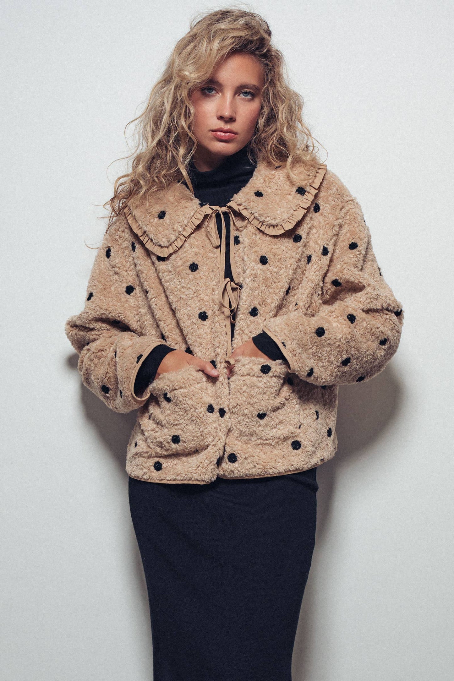 Ruffled Faux Shearling Dot Embroidered Jacket