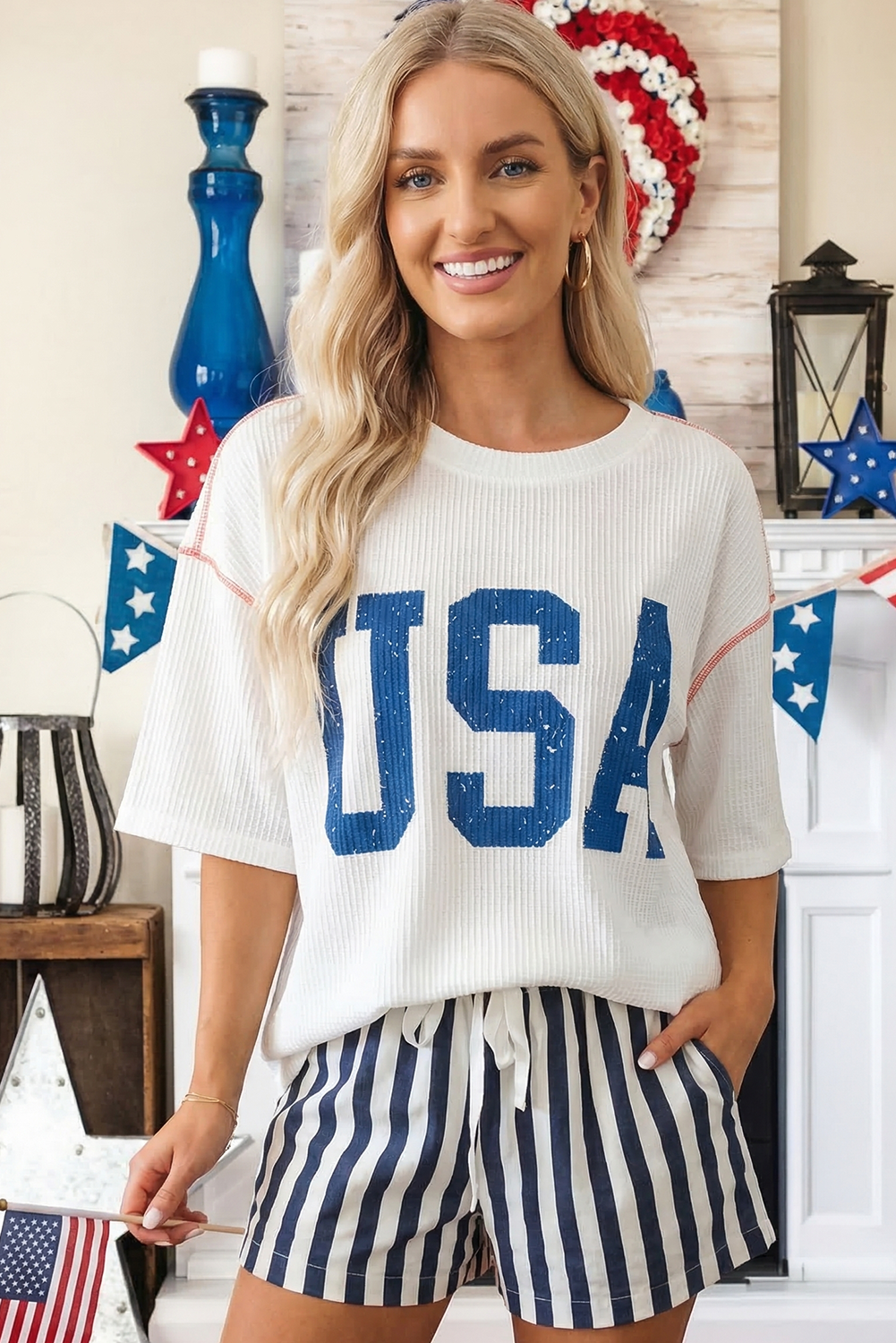 Plus Size USA Graphic Half Sleeve Loose Ribbed Top (S-4X)