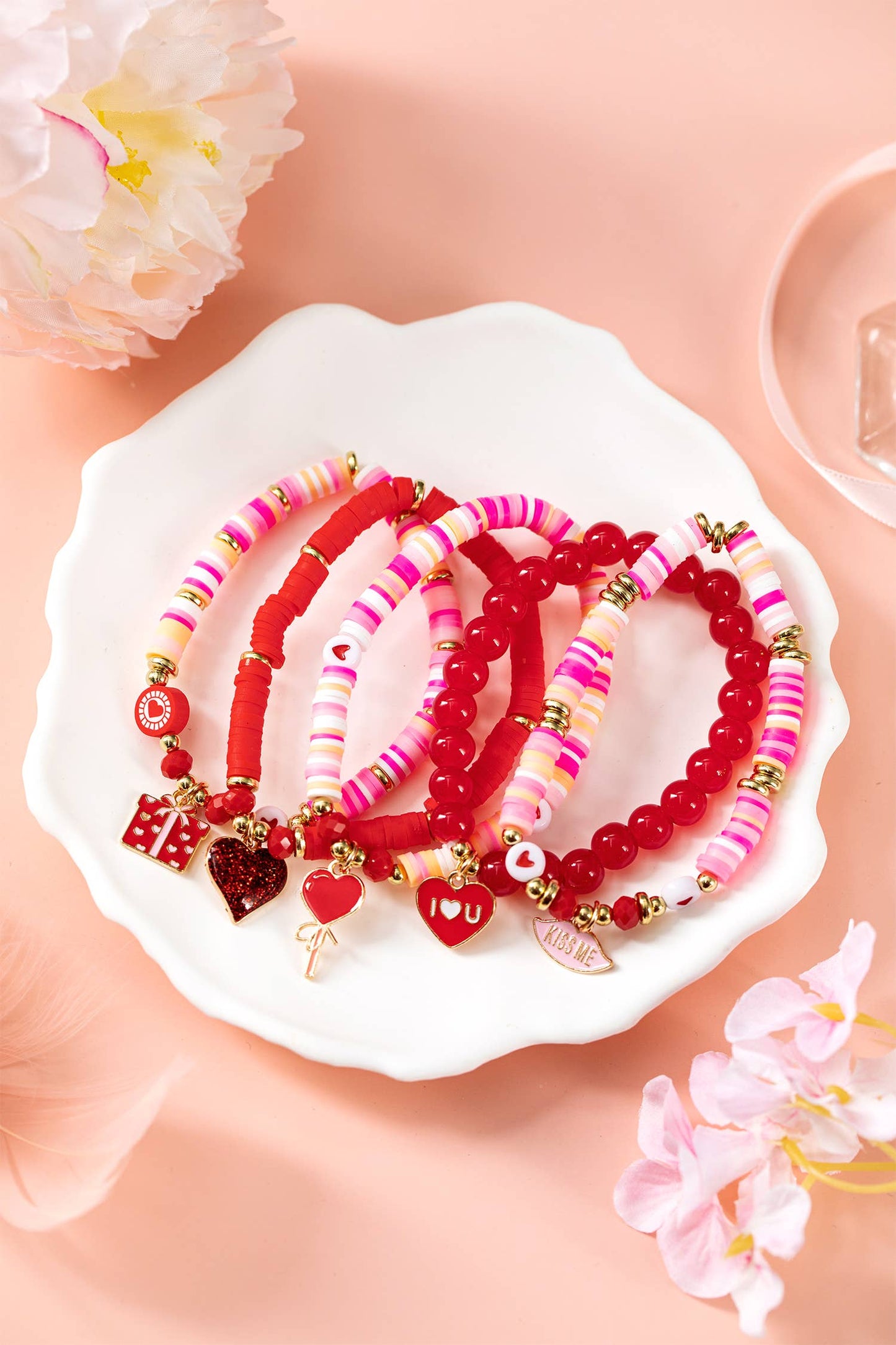 5pcs I Love U Heart Valentines Day Sweet Bracelet Set