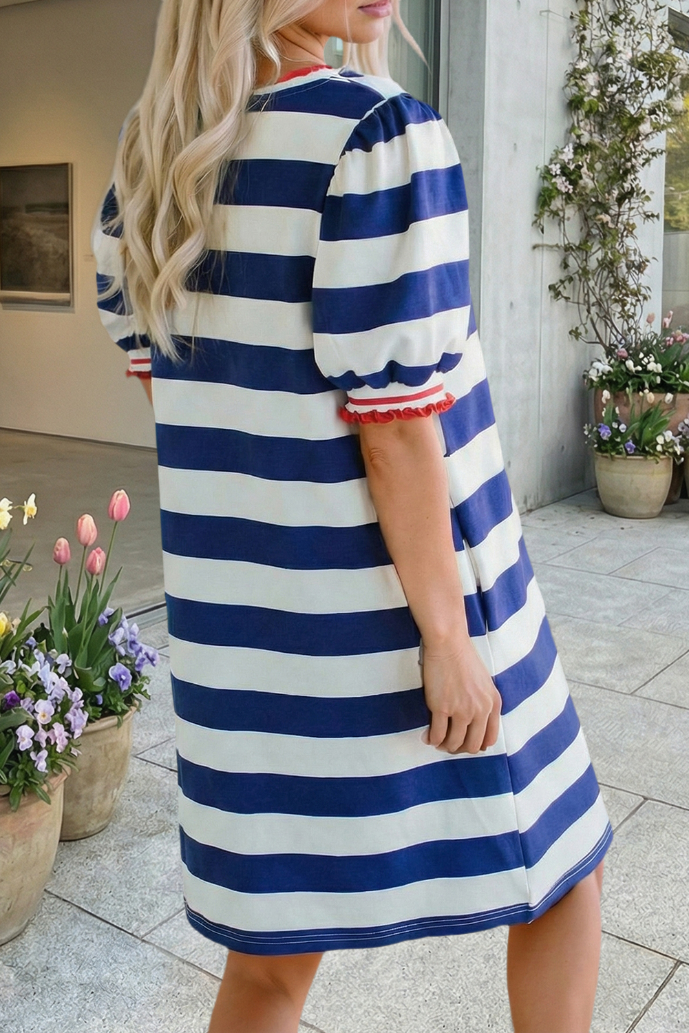 Stripe Round Neck Short Puff Sleeve Shift Dress (S-XL)