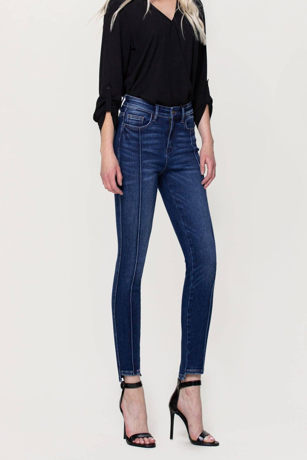 HIGH RISE STEP HEM PINTUCK ANKLE SKINNY JEANS F4388