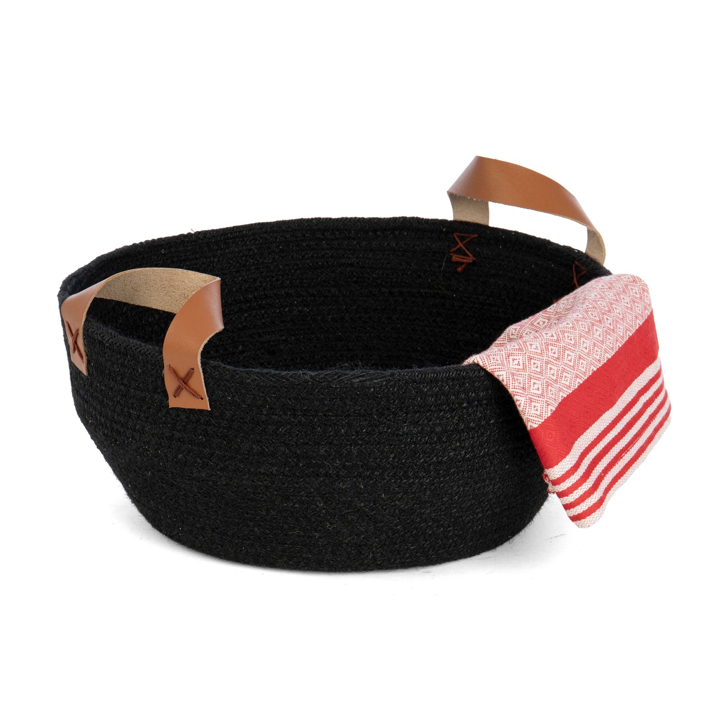 Round Jute Bowl- Black w/Leather Side Handles