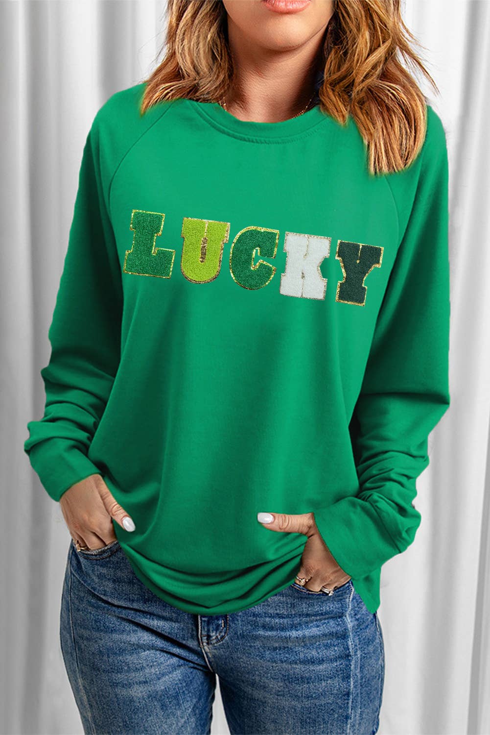 St Patricks LUCKY Chenille Embroidered Graphic Sweatshirt