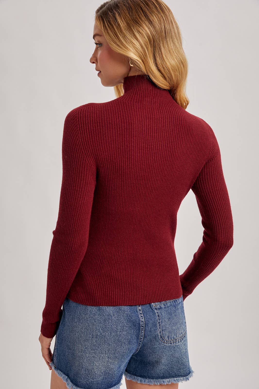 WHOLEGARMENT MOCK NECK RIBBED KNIT TOP
