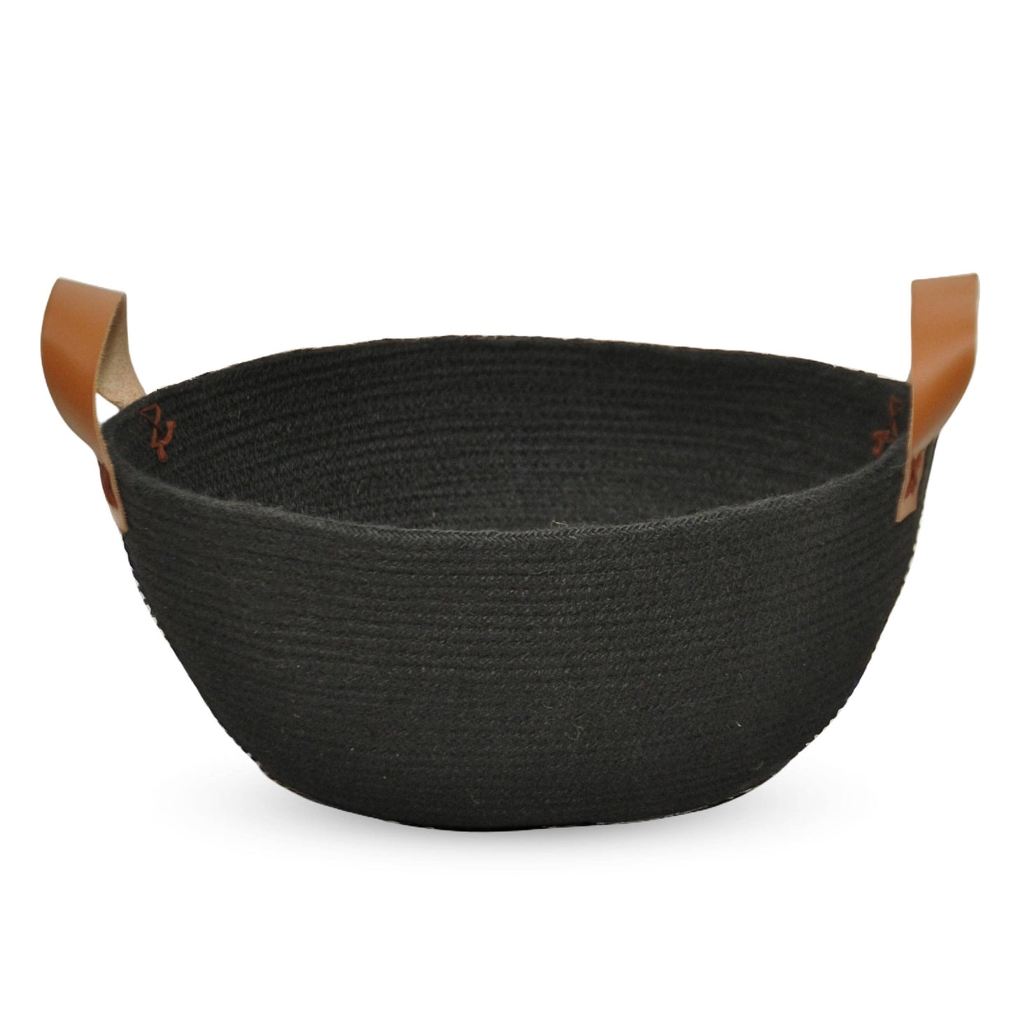 Round Jute Bowl- Black w/Leather Side Handles