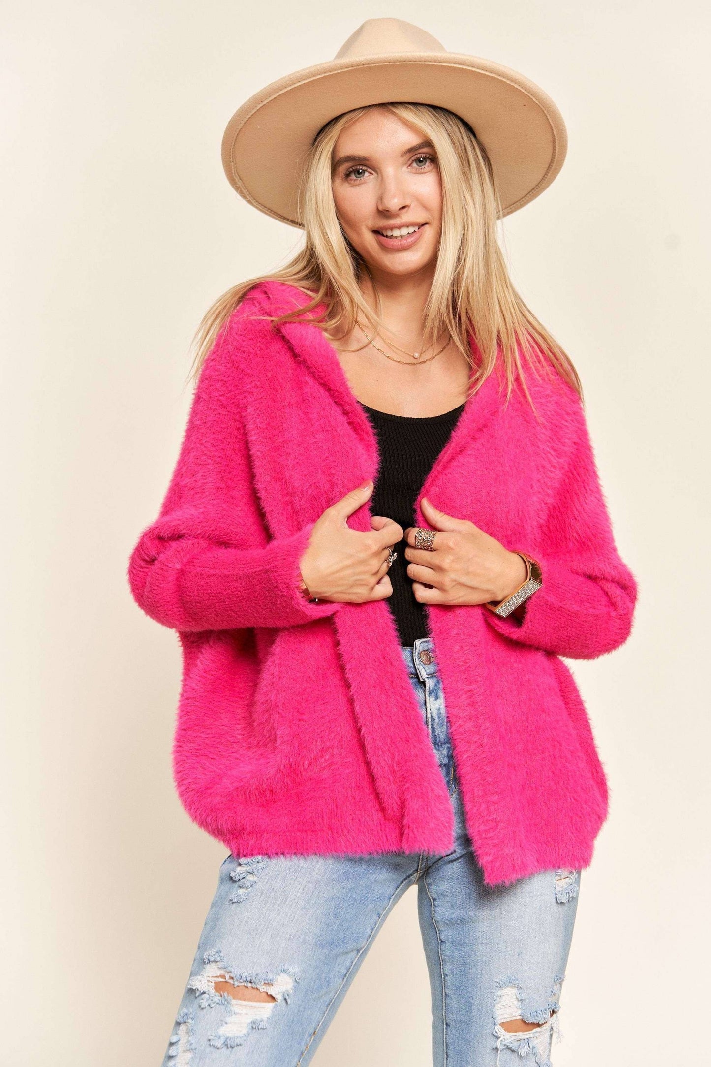 LESW3208-SOFT FUZZY HOODIE CARDIGAN