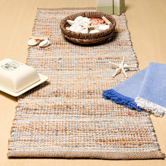 OMBRE TABLE RUNNER, NATURAL JUTE-SKY BLUE-WHITE, 13''x36''.