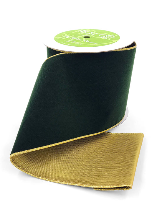 4" Dark Green Velvet Reversible Gold Wired Ribbon