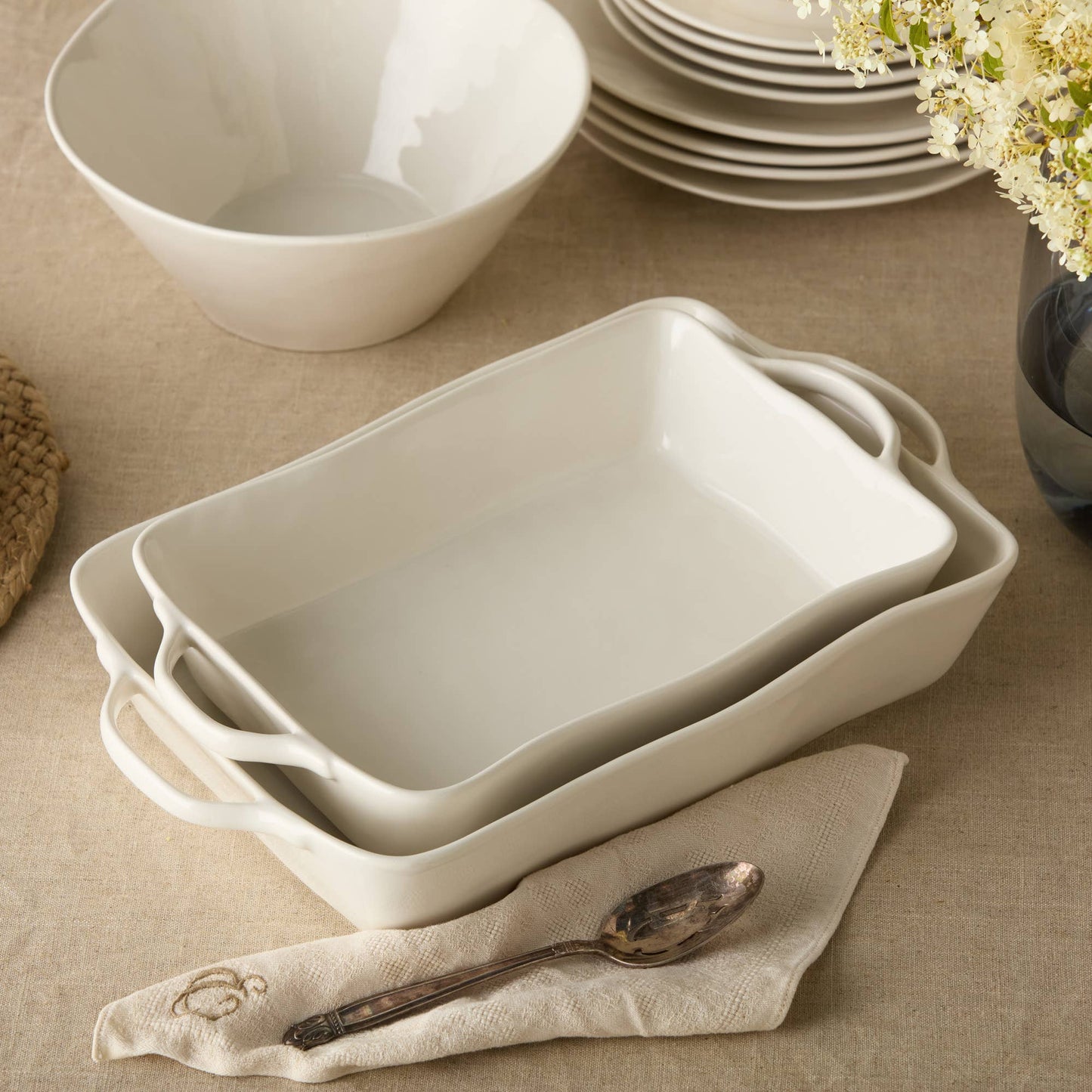 Linen Cream Large Rectangular Baker 16in x 10.25in x 3in