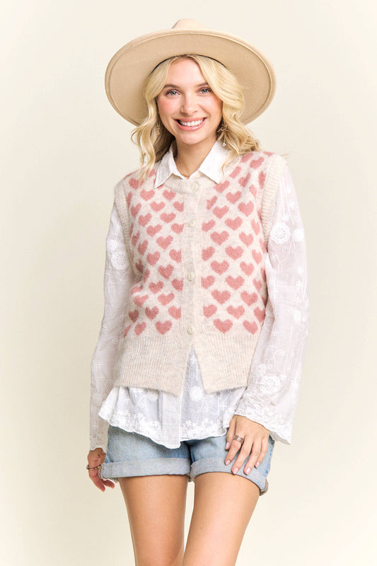 HEART KNIT BUTTON-FRONT SWEATER VEST - LESW4168