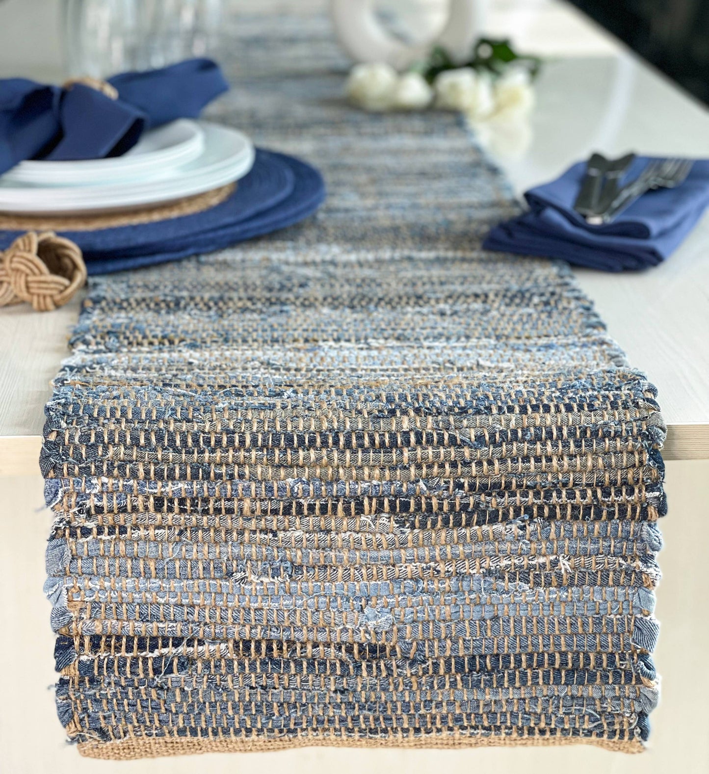 DENIM JUTE TABLE RUNNER, COASTAL TABLE LINEN, 14'' x 72''.