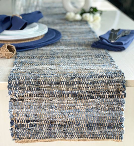 DENIM JUTE TABLE RUNNER, COASTAL TABLE LINEN, 14'' x 72''.