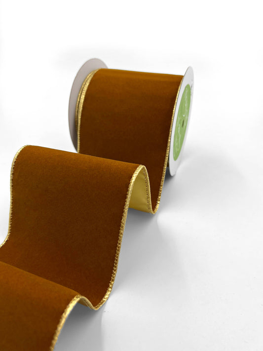 4" Chestnut Velvet Reversible Gold Wired Ribbon