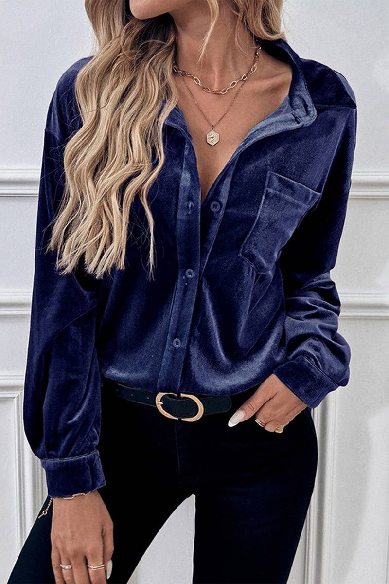 CWTBLL01423_VELVET LAPEL LANTERN SLEEVE MIDI SHIRT